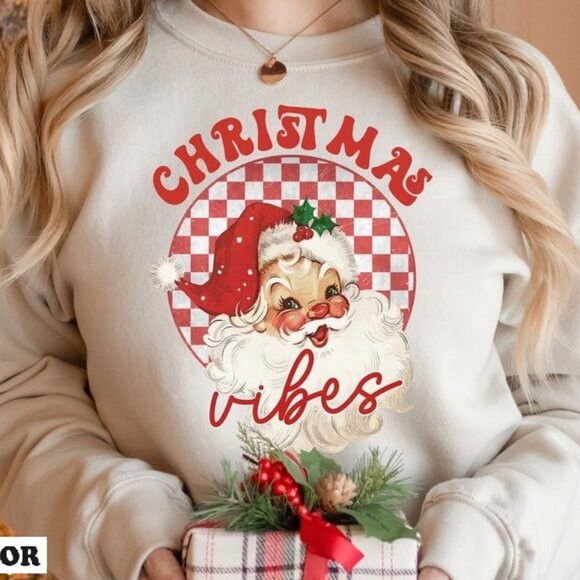 Angel H Tops - Christmas Vibes Sweatshirt Santa Vintage Claus Holiday Graphic Shirt